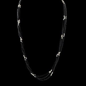 Signed, Vintage 3 Strand Onyx 14K Gold Baroque Fresh Water Pearl 30” Necklace